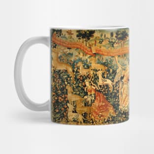 MEDIEVAL DEER HUNTING SCENE WITH LADIES AND DOGS Antique Flemish Tapestry Mug